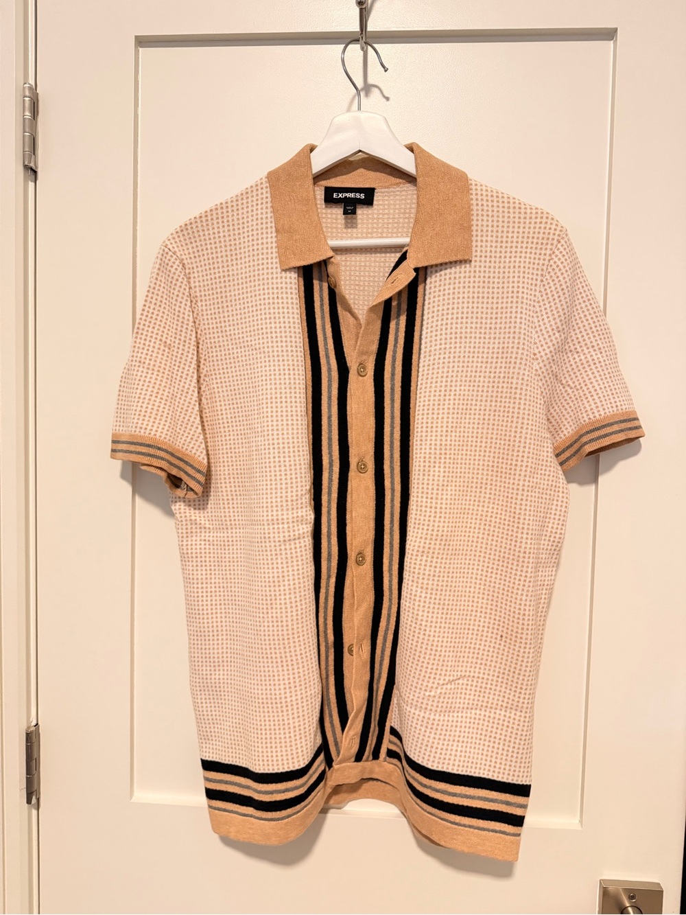 Express Beige and Black Vertical-Strip Knit Shirt